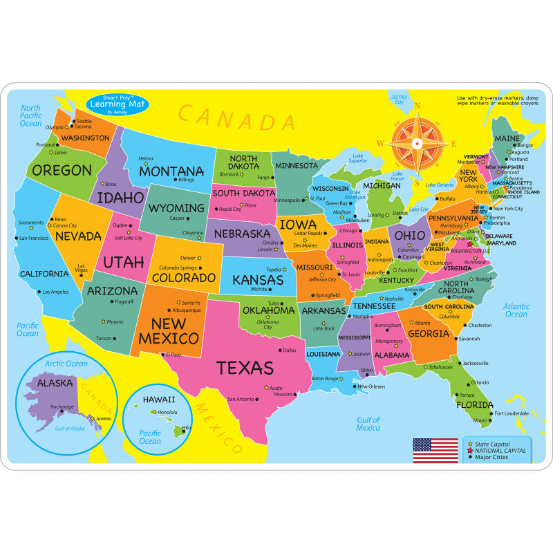 Smart Poly&trade; Learning Mat, 12" x 17", Double-Sided, U.S. Basic Map