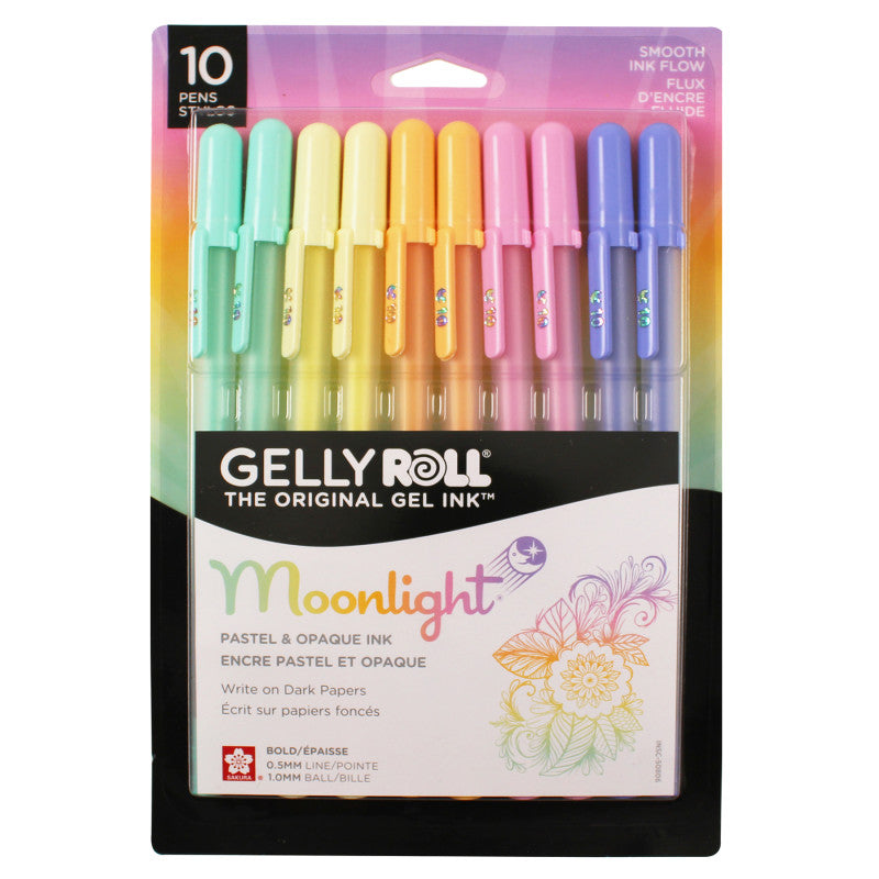 Moonlight Gel Pens, 10 Bold Point, Assorted Pastel Colors, 10-Piece Set, Blister Pack