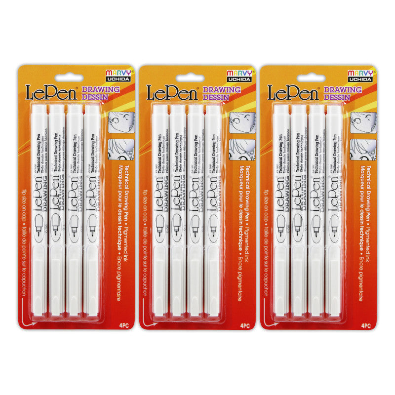 LePen&reg; Drawing Pens, 4 Per Pack, 3 Packs
