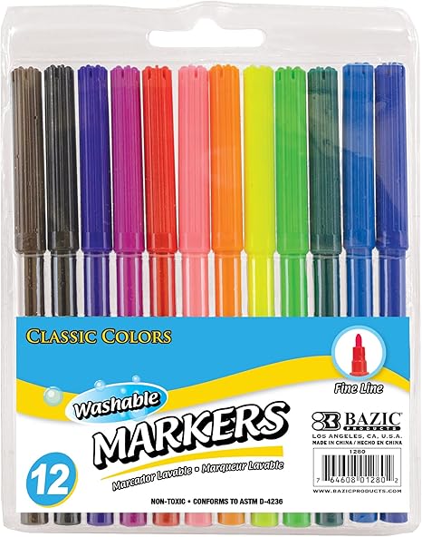 BAZIC Fine Line 12 Classic Colors Washable Markers (BAZ-1280)