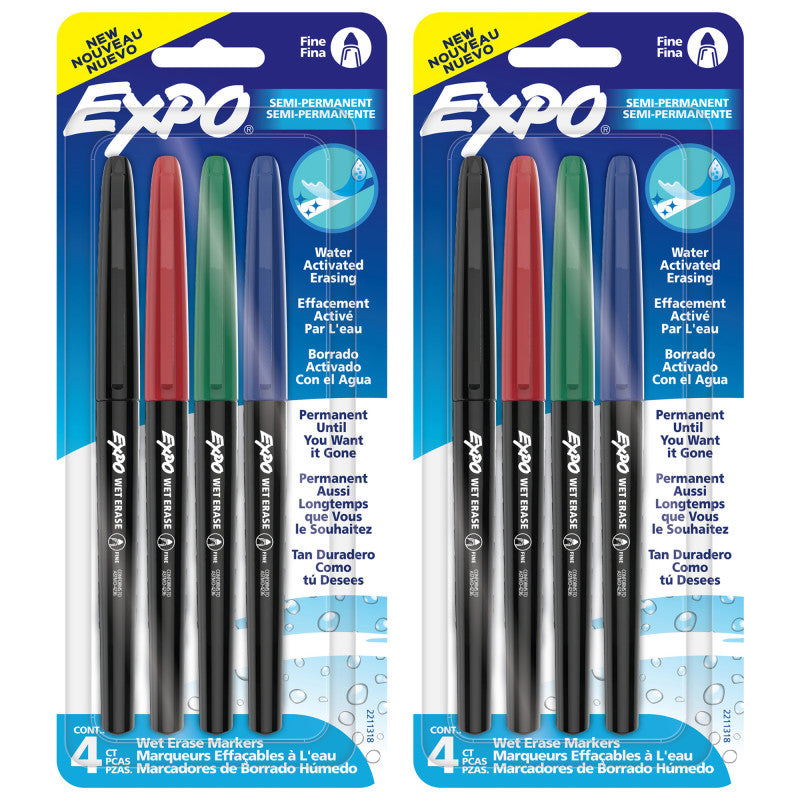 Vis-a-Vis Wet Erase Markers, Fine Point, Assorted, 4 Per Pack, 2 Packs