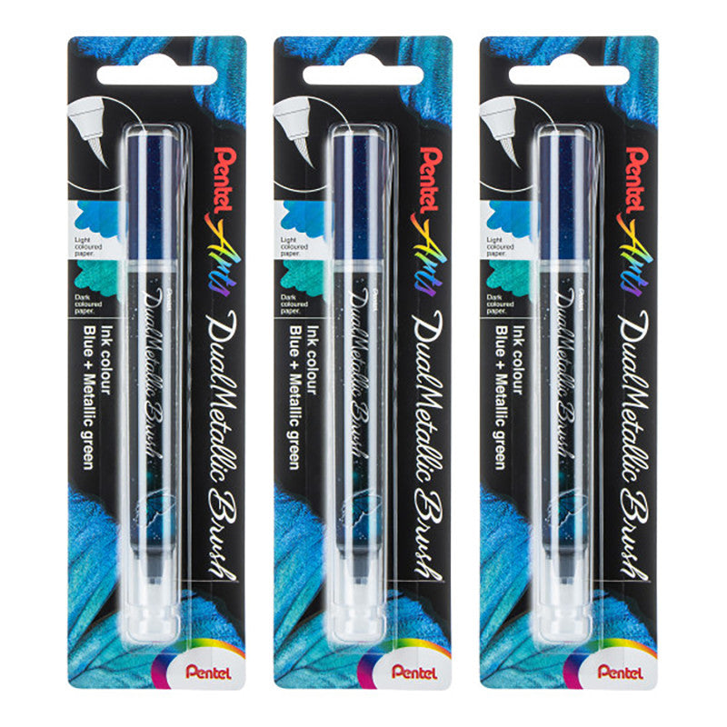 DualMetallic Brush, Blue/Metallic Green Ink, Pack of 3