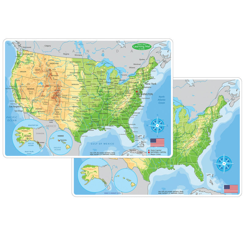 Smart Poly&trade; Learning Mat, 12" x 17", Double-Sided, U.S. Physical Map