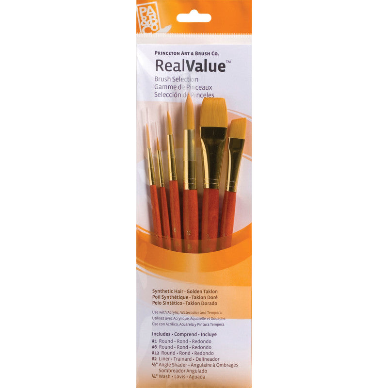RealValue Brush Set, Gold Taklon Bristles, Short Handle Mixed Media Paintbrush, Orange, 6 Pieces