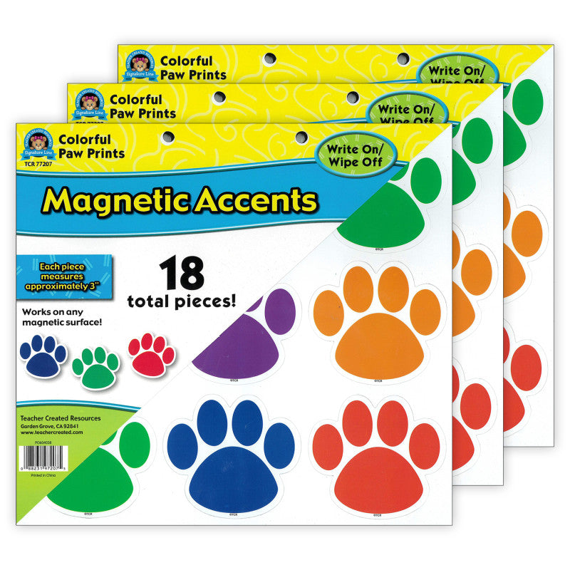 Colorful Paw Prints Magnetic Accents, 18 Per Packs, 3 Packs