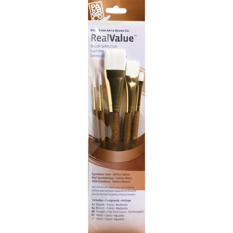 RealValue Brush Set, White Taklon Bristles, Short Handle Mixed Media Paintbrush, Brown, 5 Pieces