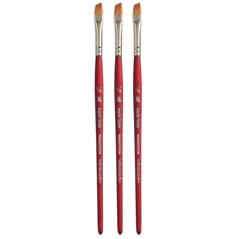 Velvetouch Angle Shader Brush, Synthetic Bristles, Short Handle Mixed Media Paintbrush, Scarlet, Size 1/4 inch, Pack of 3