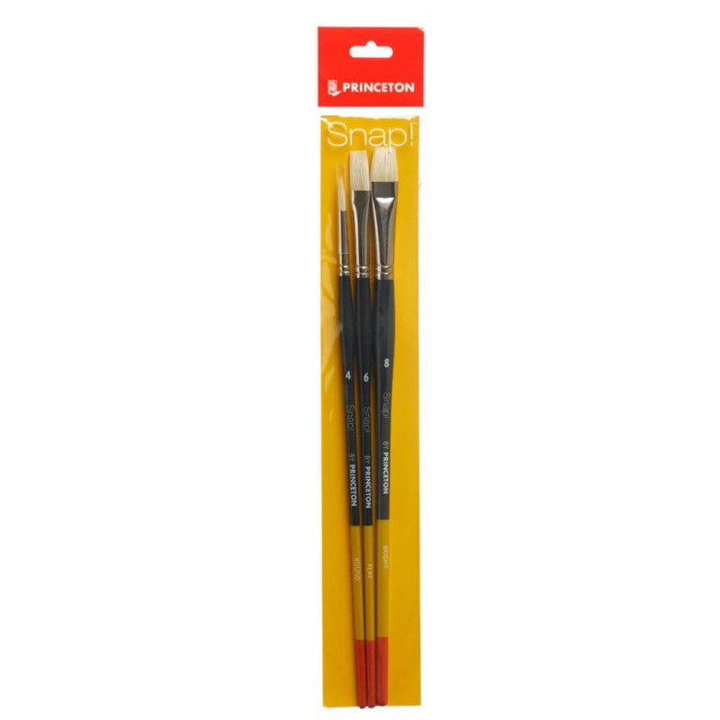 Snap! Brush Set No. 4, Natural Bristles, Long Handle Acrylic & Oil Paintbrush, Multicolor, 3 Pieces