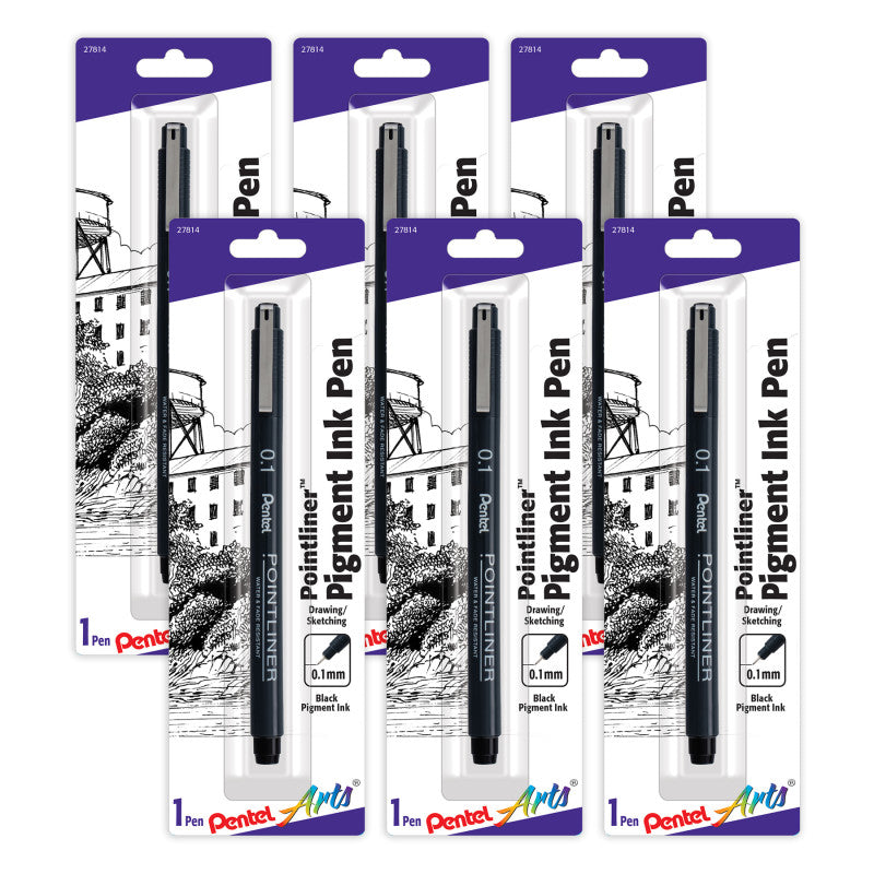 Pointliner Pen, 0.1mm, Black Pigment Ink, Pack of 6