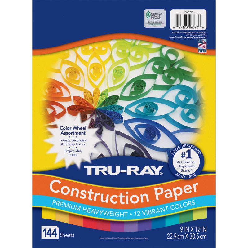 Construction Paper, Heavyweight, Color Wheel Assortment, 12 Vibrant Colors, 9" x 12", 144 Sheets