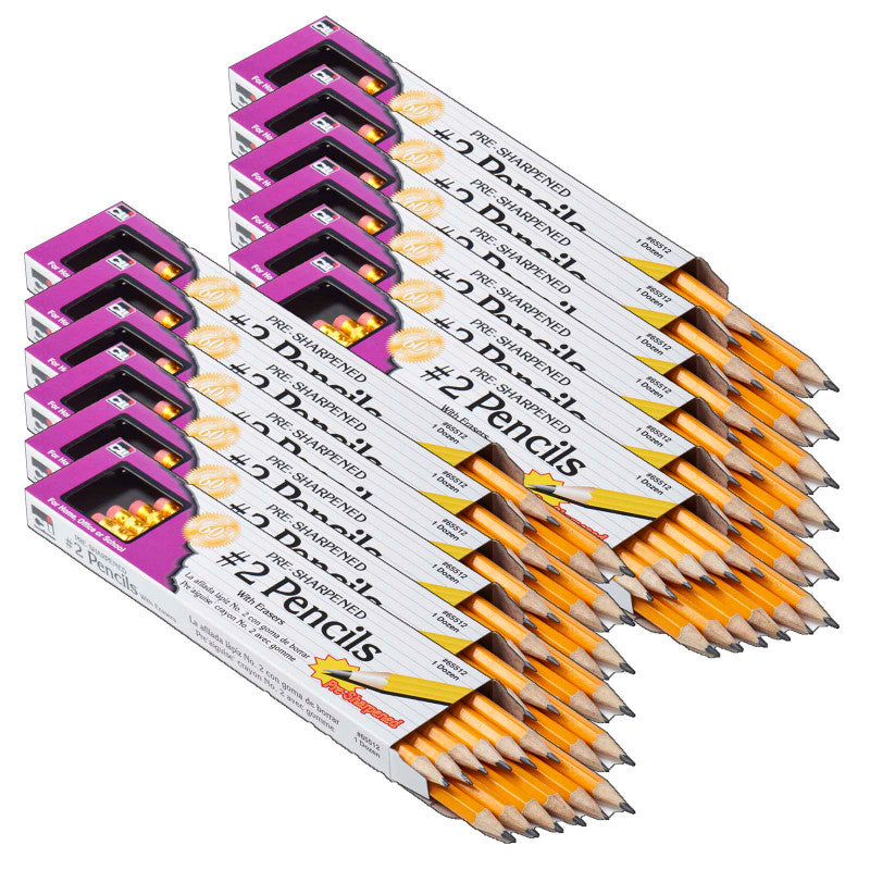 No. 2 Pencil with Eraser, Pre-Sharpened, Yellow, 12 Per Pack, 12 Packs
