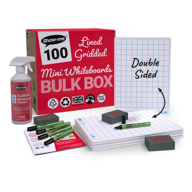 Bulk Box of 100 x A4 Lined/Gridded Double Sided Lapboards, with Pens, Erasers, Cleaner