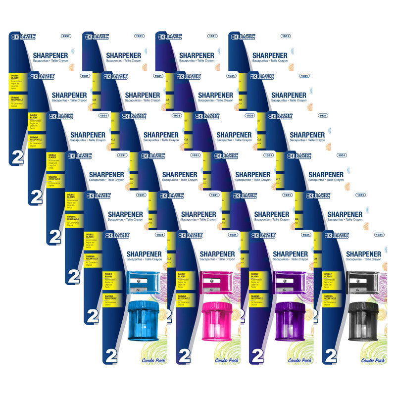 Dual Blade Square Sharpener with Receptacle & Round Receptacle Sharpener, Assorted Colors, 2 Per Pack, 24 Packs