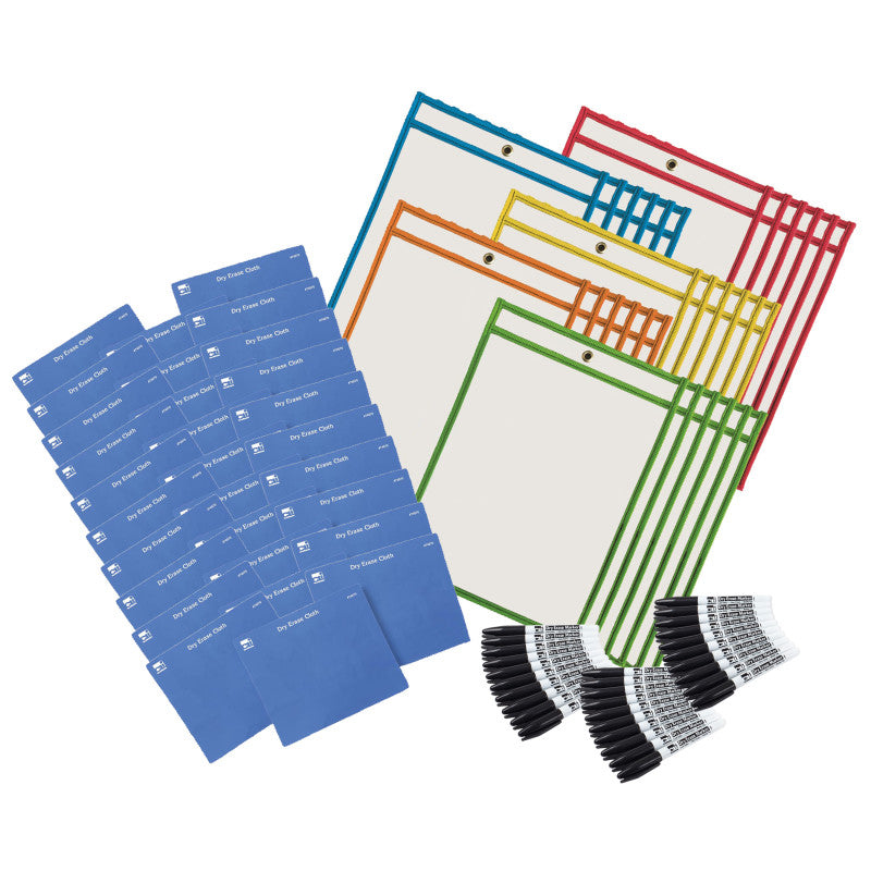 Dry Erase Pocket Class Pack, Dry Erase Pockets, Dry Erase Cloths and Dry Erase Markers, Pocket Style w/Bullet Tip, Black, 90 Pieces