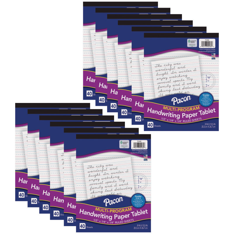 Multi-Program Handwriting Tablet, D'Nealian/Zaner-Bloser, 1/2" x 1/4" x 1/4" Ruled Short, 8" x 10-1/2", 40 Sheets, Pack of 12