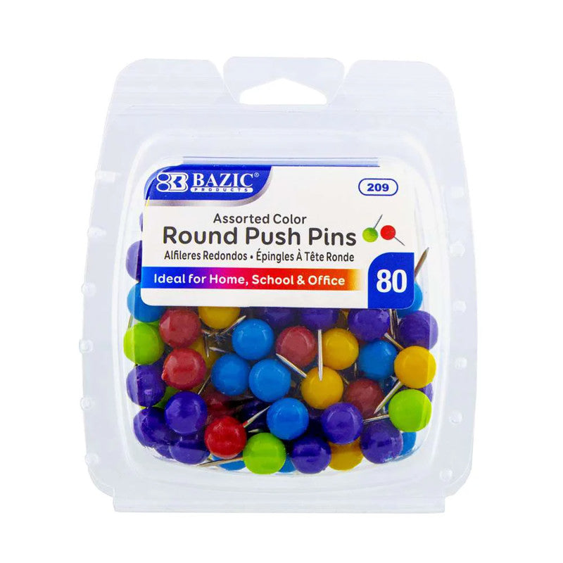Round Push Pins, Assorted Color, Pack of 80