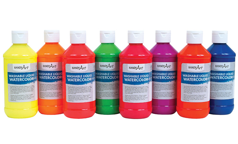 Handy Art FLUORESCENT Washable  Liquid Watercolors, 8oz, 8-Color Kit, 882-278