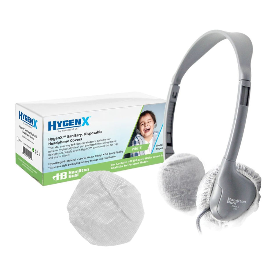 HamiltonBuhl® HygenX Sanitary, Disposable Ear Cushion Covers for 2.5" Personal-Sized Headphones and headsets, 50 Pairs, WHITE
