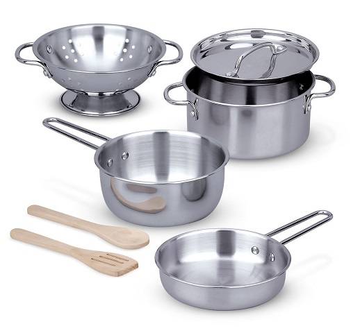Melissa & Doug Stainless Steel Pots and Pans Pretend Play Kitchen Set for Kids (8 pcs)