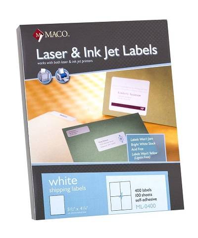 MACO Laser/Ink Jet White Shipping Labels, 5-1/2 x 4 1/4  Inches, 4 Per Sheet, 400 Per Box (ML-0400)