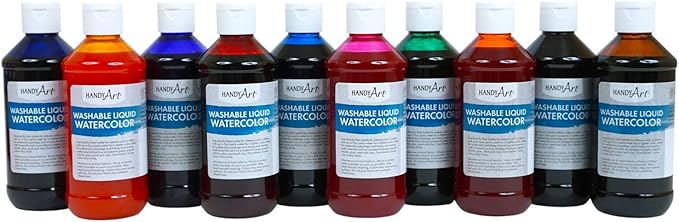 Handy Art BASIC Washable Liquid Watercolors, 8oz, 10-Color  Kit, (HAN882275)