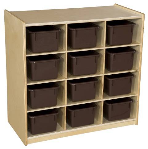 Wood Designs Children 12 Cubby Storage with Brown Trays, Natural wood Color, 30"H x 30"W x 15"D WD-16122