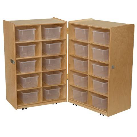 Wood Designs Children Folding Vertical Storage with (20) Translucent Trays, Natural wood ,  38"H x 48"W x 15"D WD-16201