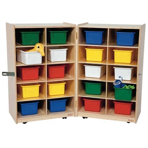 Wood Designs Children  Folding Vertical Storage with (20) Assorted Trays, Natural wood ,  38"H x 48"W x 15"D WD-16203