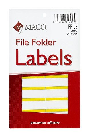 MACO Yellow File Folder Labels 9/16 x 3-7/16 Inches FF-L3 248 Per Box 