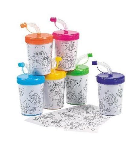 Color Your Own Cups with Lids & Straws 12 per package