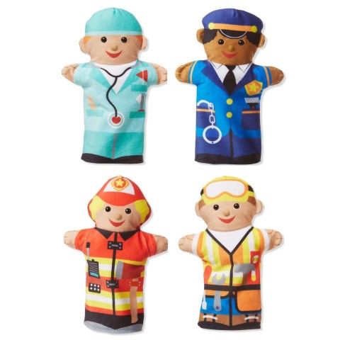 Doctor Police Officer - Construction Worker Set of 4 and Firefighter 9086 Melissa & Doug Jolly Helpers Hand Puppets 