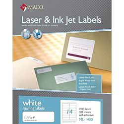 MACO Laser/Ink Jet White Address Labels, 1-1/3 x 4 Inches, 14 Per Sheet, 1400 Per Box ML-1400