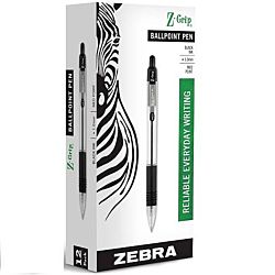 Zebra Z-Grip Retractable Ballpoint Pen, 1.0 mm, Black Ink, Clear Barrel, Box of 12 , 22210