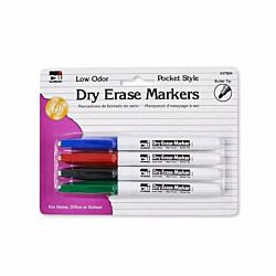 Charles Leonard Dry Erase Markers, Pocket Style with Bullet Tip, 4 Markers per Card, Assorted Colors, 47804