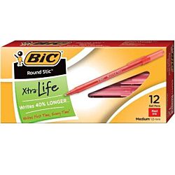BIC Round Stic Xtra Life Ball Pens, Medium Point (1.0 mm), Red, 12-Count