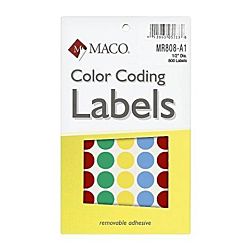 MACO Assorted Primary Round Color Coding Labels, 1/2 Inches in Diameter, 800 Per Box (MR808-A1)