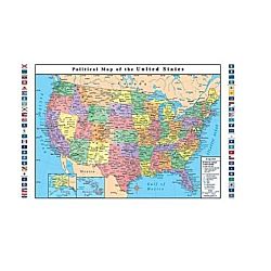 Classroom Political USA Wall Map, United States Includes Flags 33 X 49 Inches