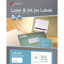 MACO Laser/Ink Jet White Shipping Labels, 2 x 4 Inches, 10 Per Sheet, 1000 Per Box , ML-1000