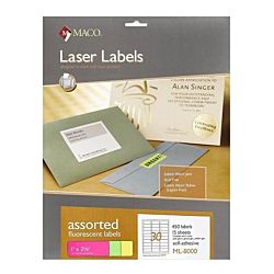 MACO Laser Assorted Fluorescent Labels, 1 x 2-5/8 Inches, 30 Per Sheet, 450 Per Pack (ML-8000)