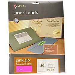 MACO LASER PINK FLUORESCENT LABELS, 1 X 2-5/8 INCHES, 30 PER SHEET, 750 PER PACK (ML-8101)