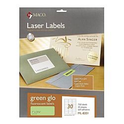 MACO Laser Green Fluorescent Labels, 1 x 2-5/8 Inches, 30 Per Sheet, 750 Per Pack ,ML-8201
