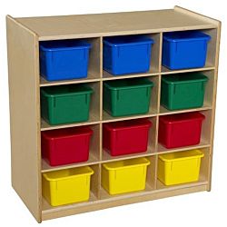 WoodDesigns, Children 12 Cubby Storage with Assorted Trays, Natural wood Color, 30