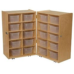 Wood Designs Children Folding Vertical Storage with (20) Translucent Trays, Natural wood ,  38